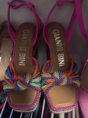 Gianni Bini Fuchsia Rope Knot Sandals with Rainbow Accents